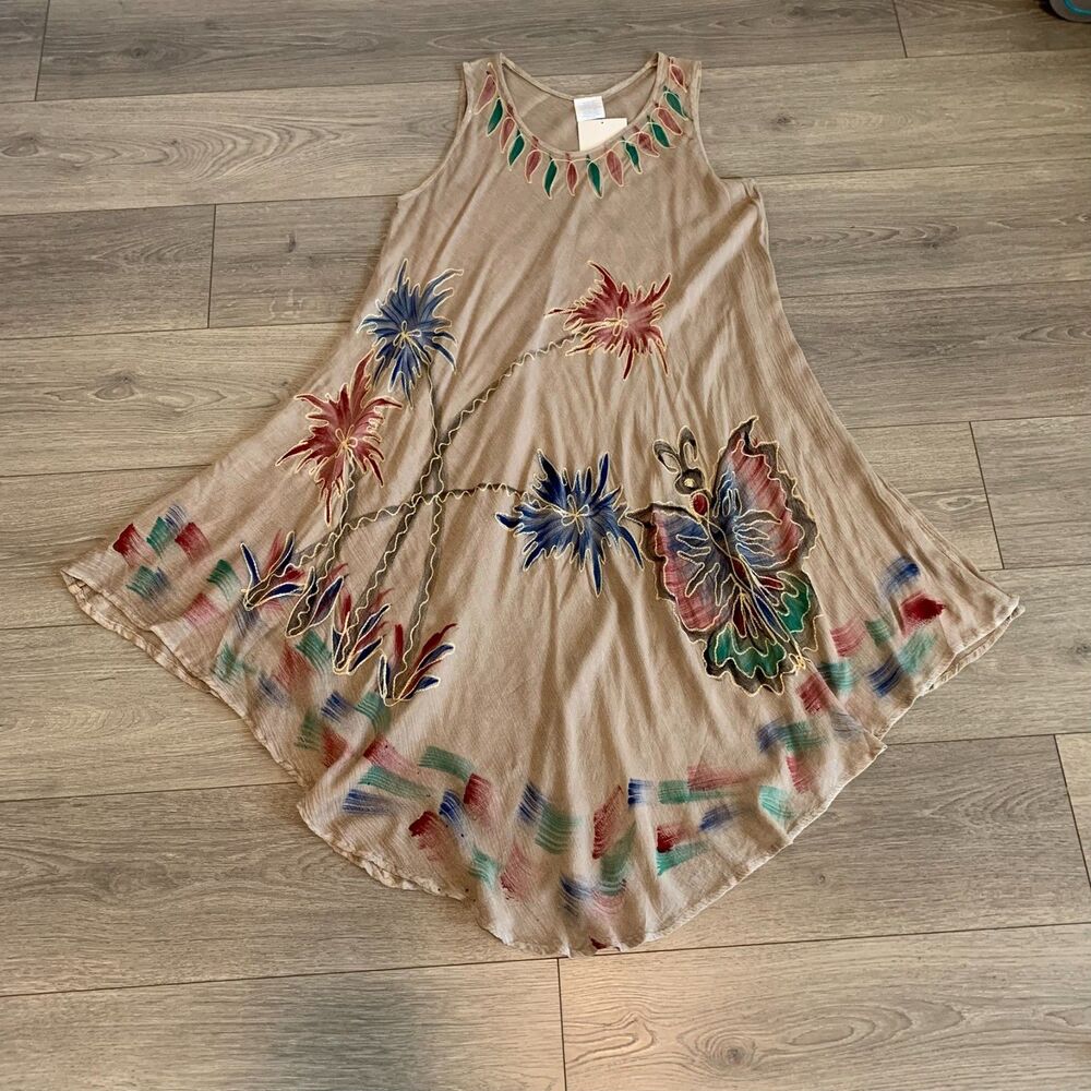 Boho Women Butterfly Embroidered Handkerchief Hem Dress Brown Artsy Festival XL - Picture 2 of 7